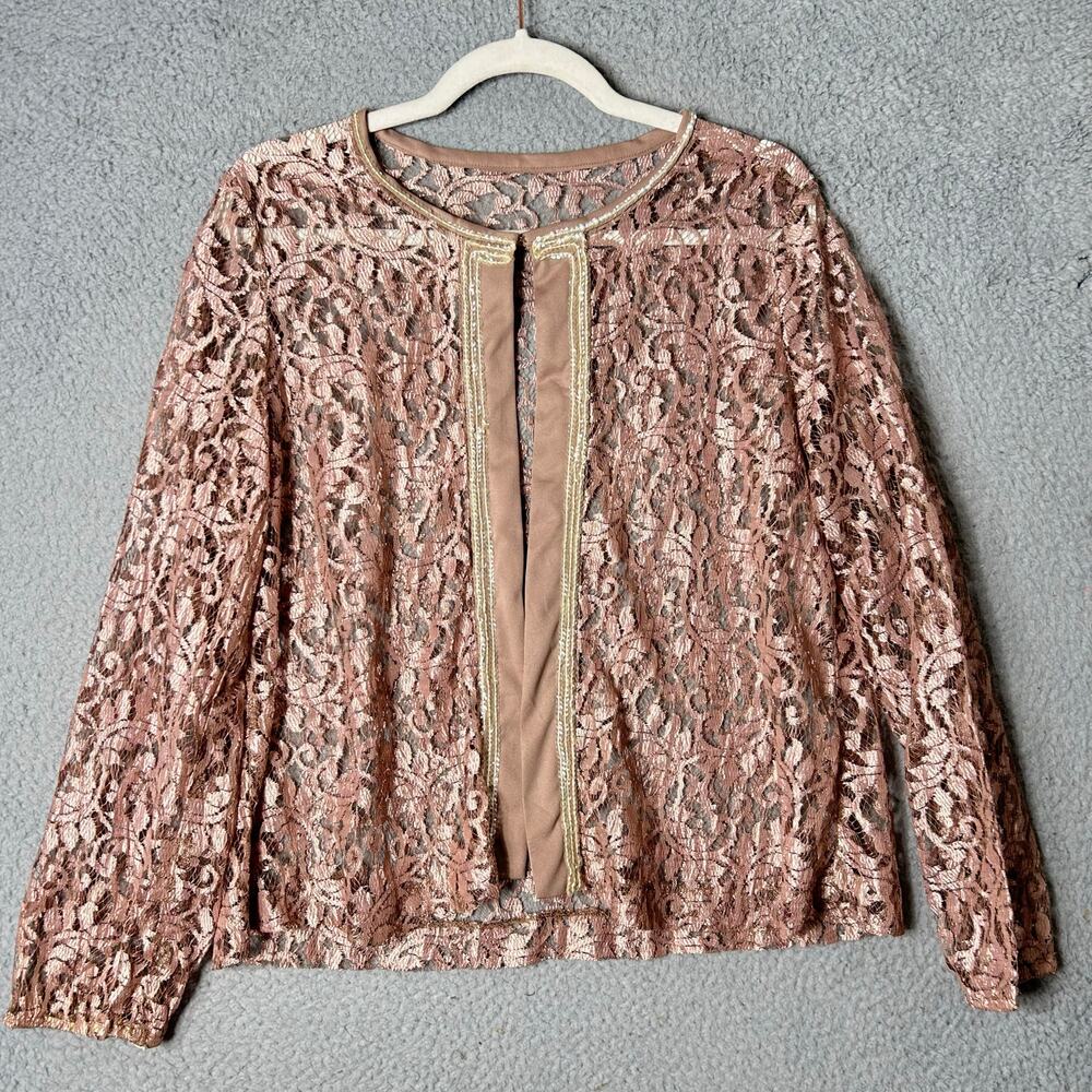 Womens Lace‎ Top Pink M/L Open Front Long Sleeve Crew Neck Formal Dressy